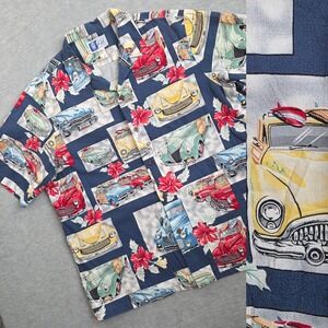RJC Hawaiian Shirt Men's 2XL Vintage Cars & Hibiscus Aloha Made in Hawaii USA